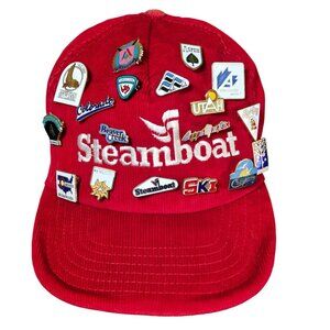 Vintage Red Corduroy Steamboat Hat W/ Ski Resort Pins Schroeder Design Denver CO